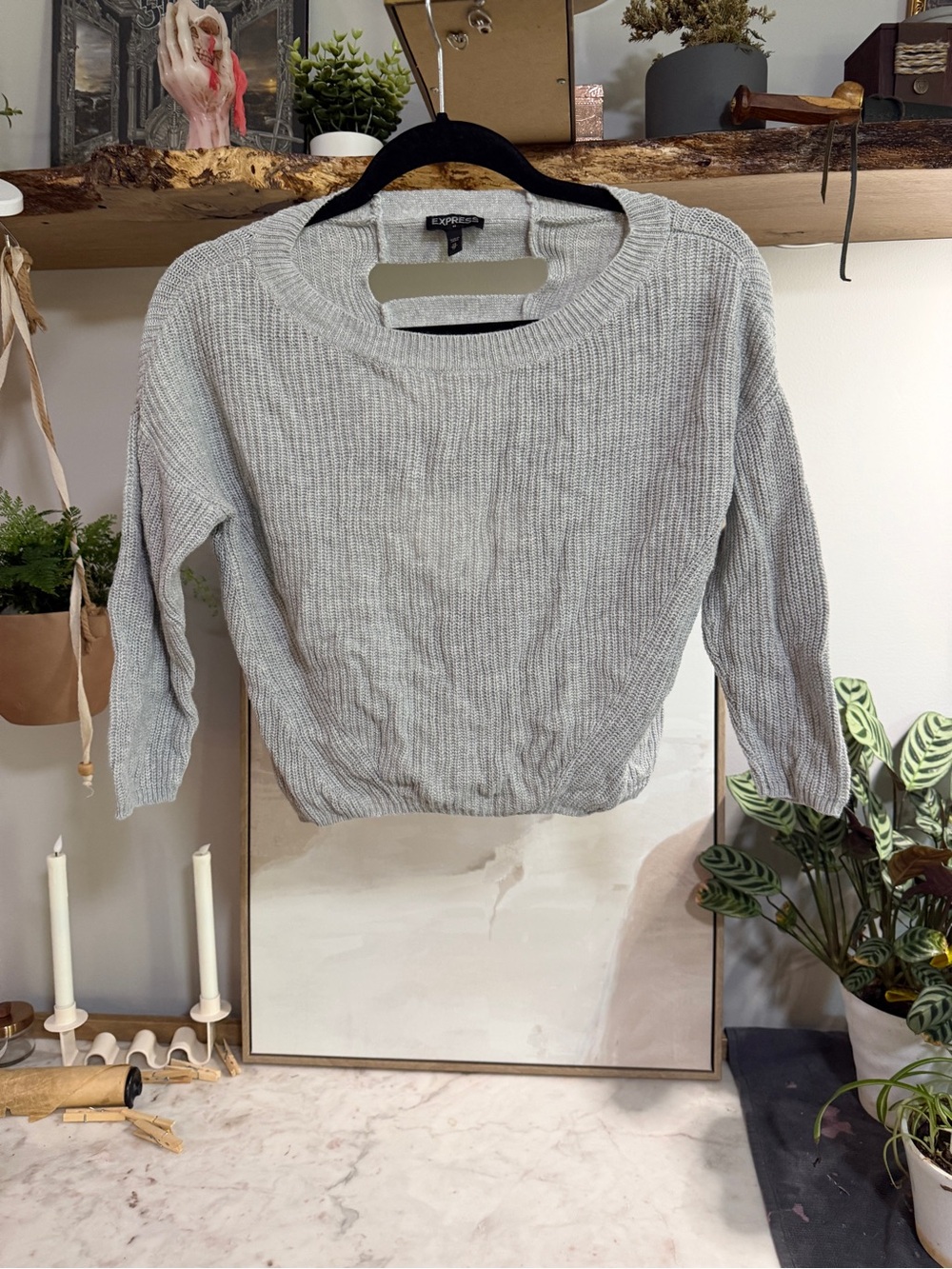 Express Cozy Ribbed Cutout Crop Cotton Sweater in Light Gray